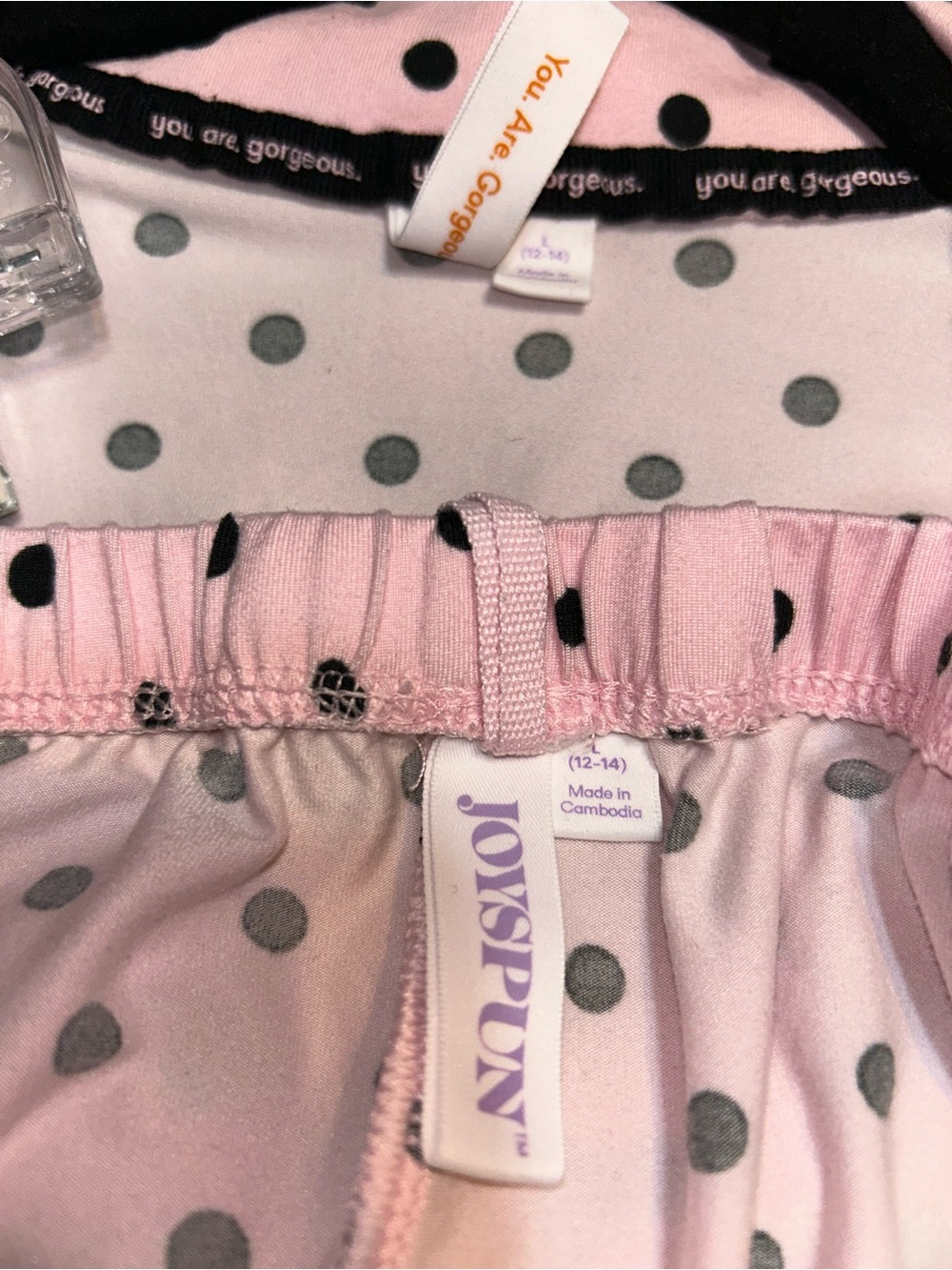 Joy Spun Pink Polka Dot Pajama Set with Contrast Trim Large Capri Length Pockets - Picture 6 of 7